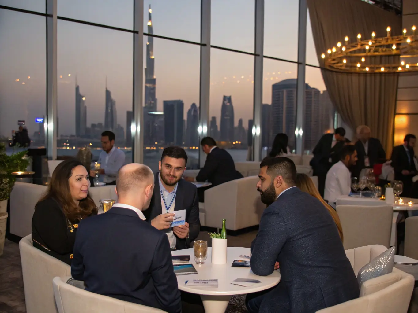 A photograph of a diverse group of professionals engaged in a lively discussion at a Myjlis networking event in Dubai, with the city skyline in the background.