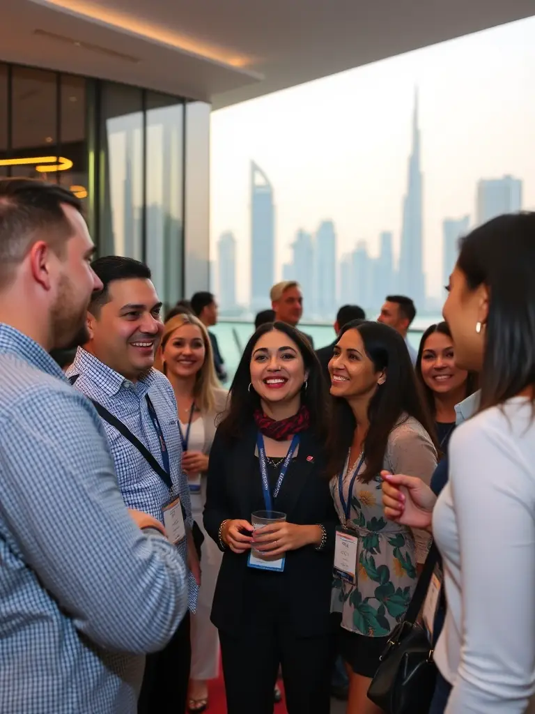 A diverse group of professionals networking at a Myjlis event in Dubai, showcasing the vibrant business community.