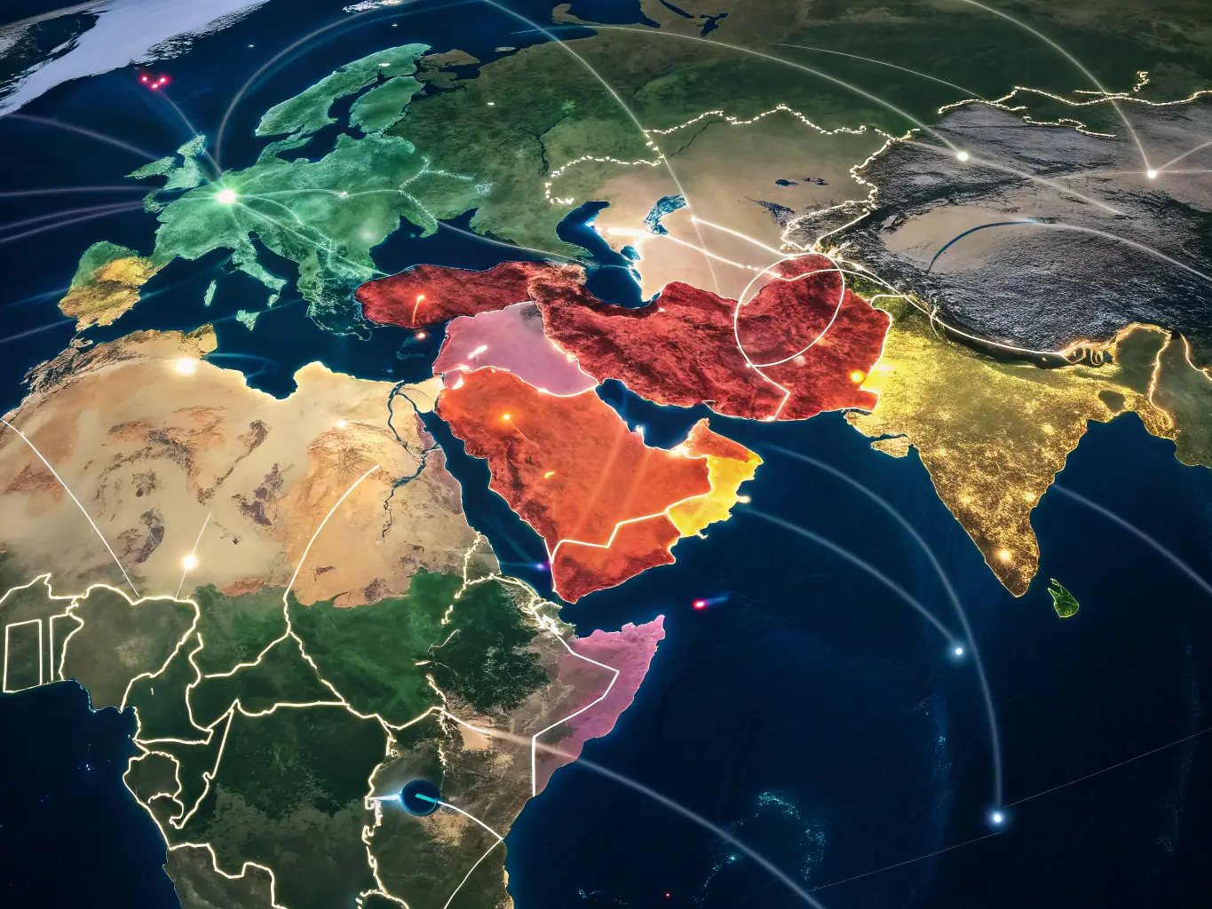 A digital illustration of a world map highlighting the Middle East region, with interconnected nodes representing different business communities.