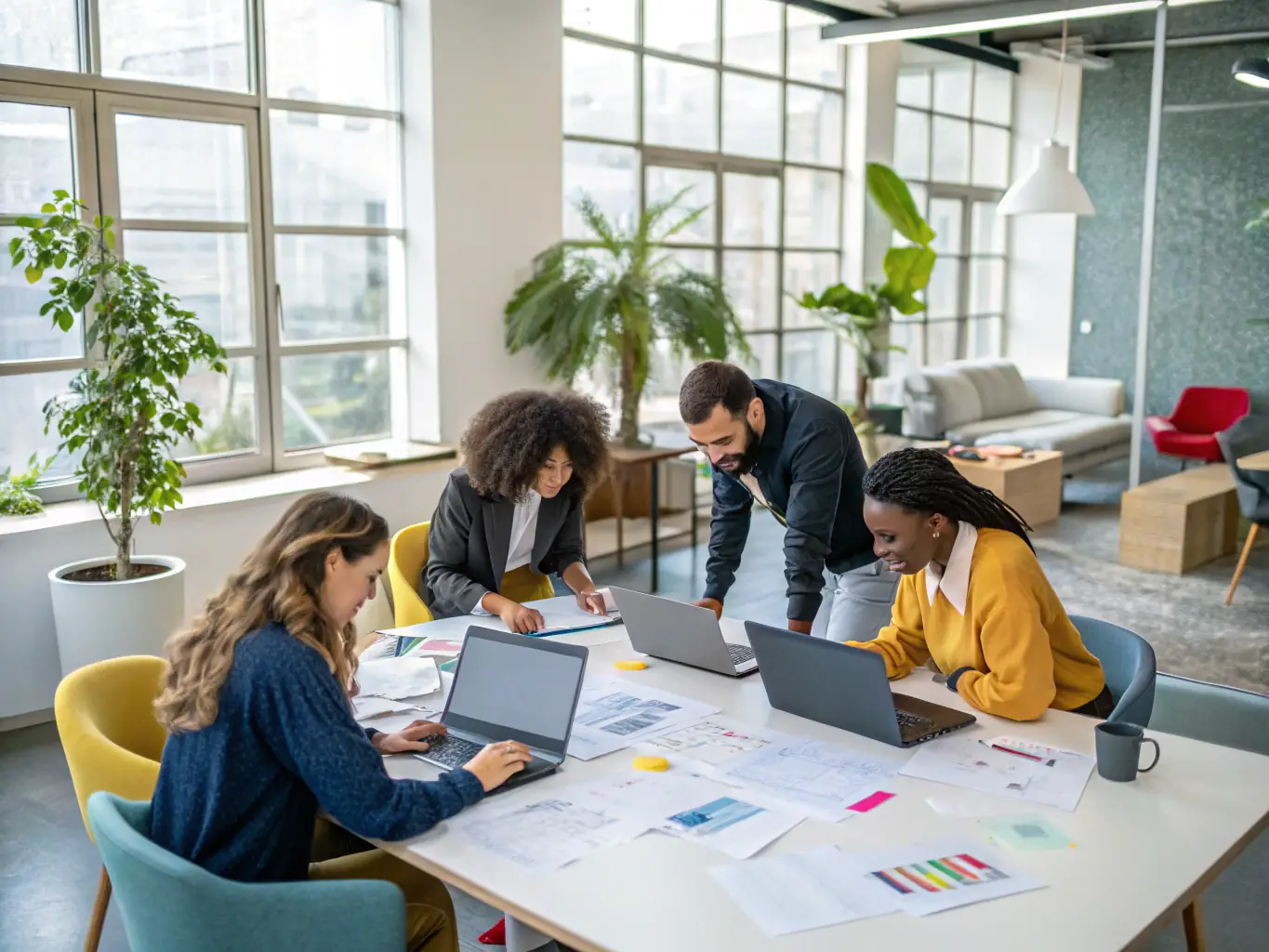 A photograph of a modern office space in Abu Dhabi, with a team of professionals working collaboratively on a project.
