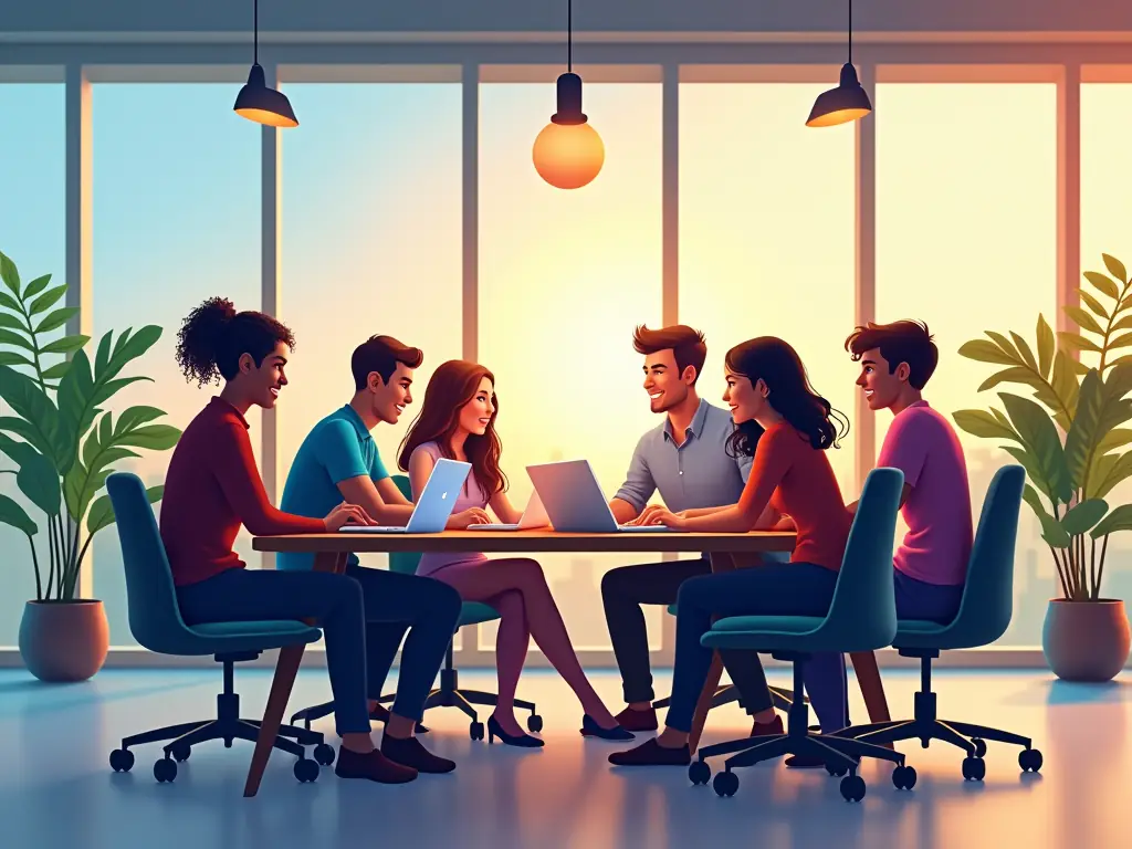 A group of community leaders collaborating on a project in a modern office space, emphasizing teamwork and innovation. The image should convey a sense of leadership and community engagement.