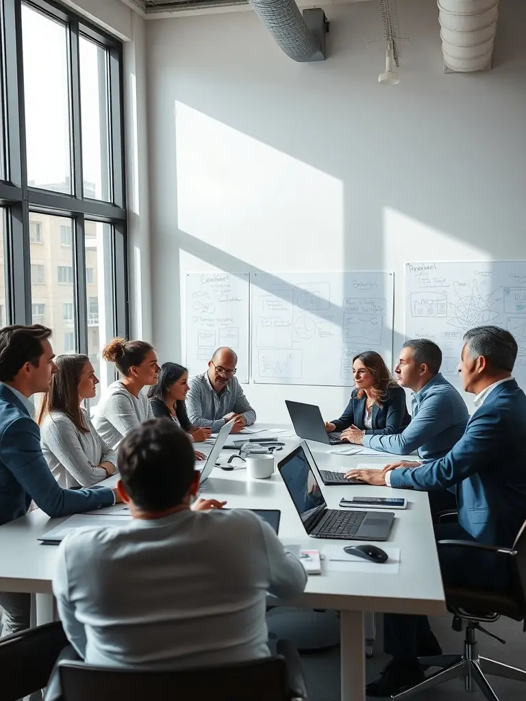 A group of professionals collaborating in a modern office space, representing the Premium Membership tier, emphasizing collaboration and growth.