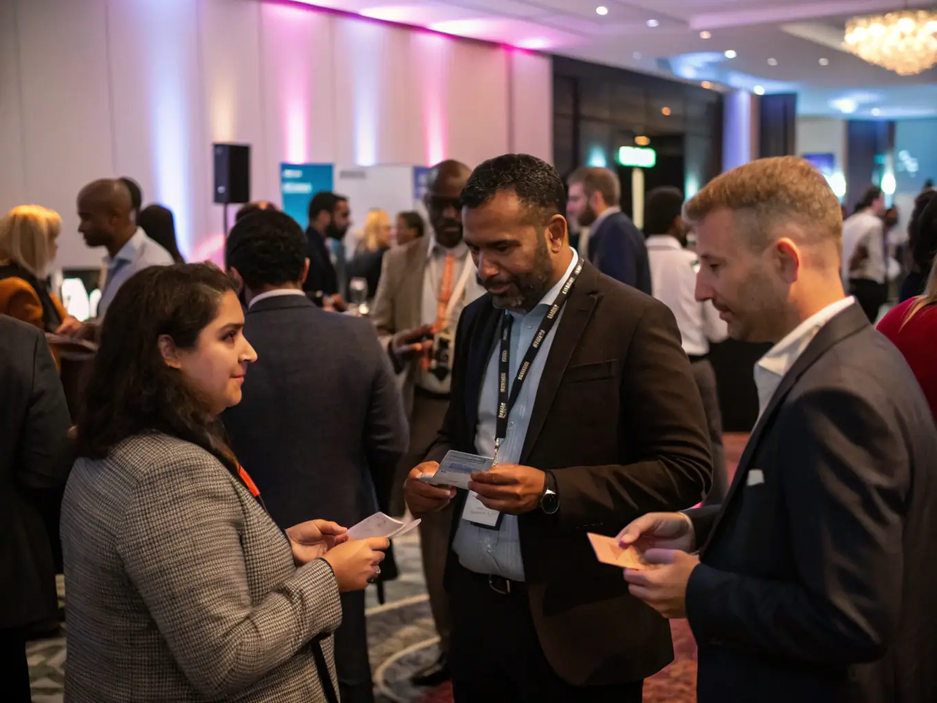 A professional networking event with Myjlis premium members, showcasing a diverse group of individuals engaging in conversation and exchanging business cards in a modern, well-lit venue.